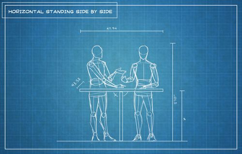 Scientific Drawing depicting two people standing side by side, collaboratively using a countertop touchscreen.